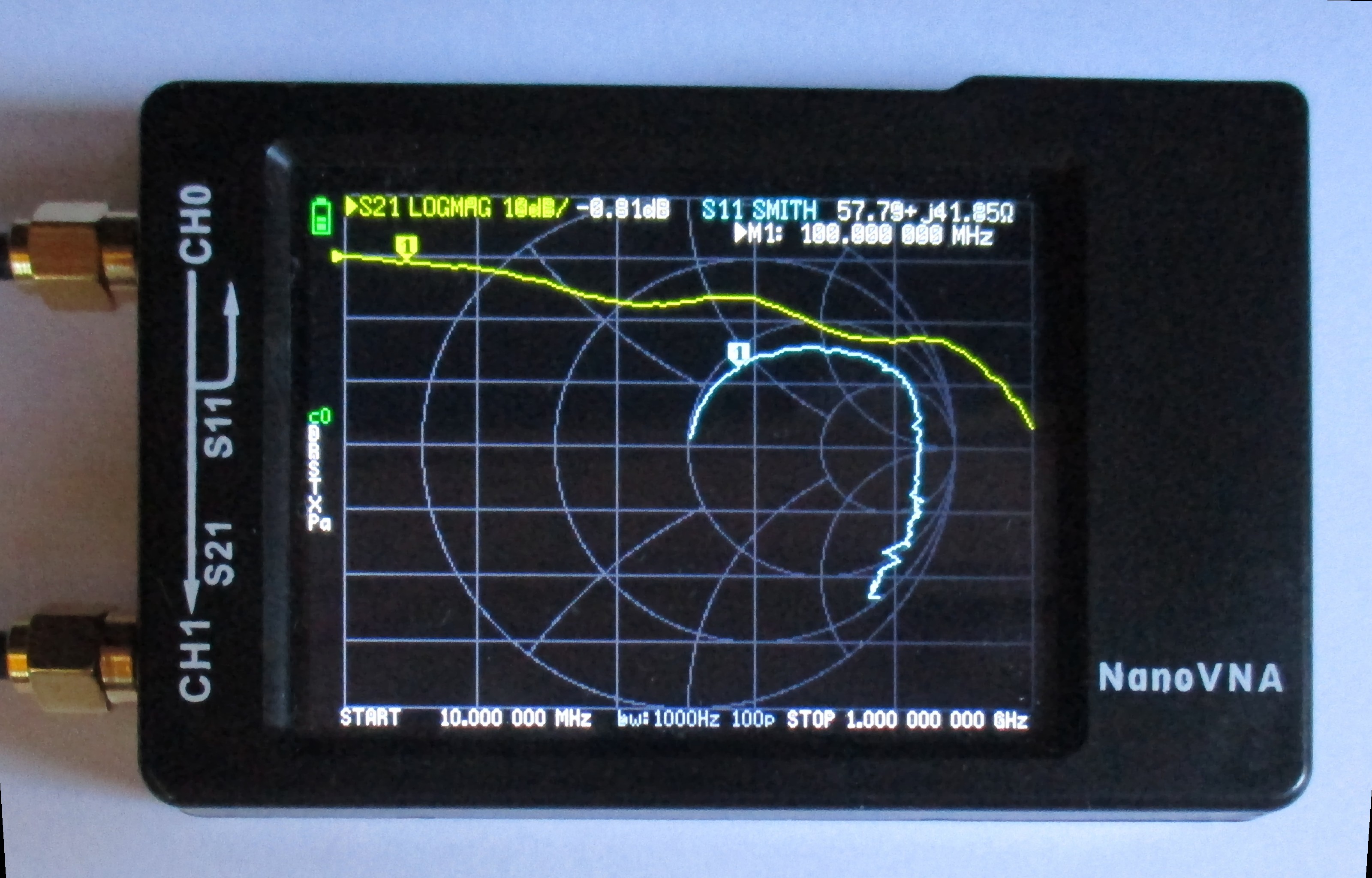 Figure 1 — The on-device S21 (LOGMAG, yellow) and S11 (Smith chart, cyan) display of a NanoVNA mid-sweep — the two traces every workflow in this volume eventually reduces to a pass/fail call. Photo: File:Nano…