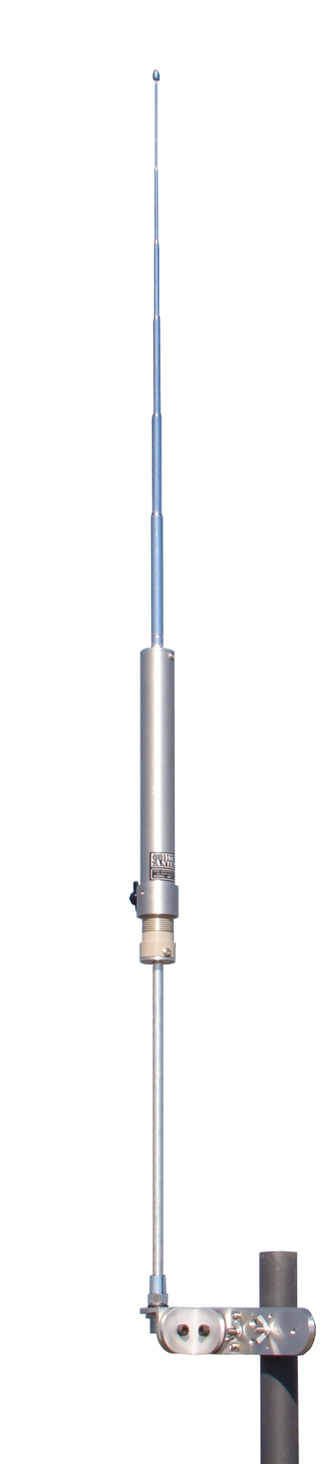 Figure 1 — The Super Antenna MP-1 mounted on a mast: a center-loaded, tap-adjustable loading coil above the mount, a telescoping whip, and a tunable stainless tip — the same three-part anatomy every antenna i…
