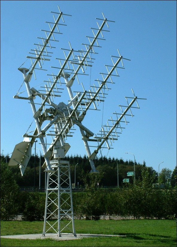 Figure 3 — Six crossed-element Yagis on a counterweighted az/el pedestal at a satellite ground station. Photograph by Dantor, CC BY-SA 2.5, via Wikimedia Commons; the source records it as a 136-138 MHz receiv…