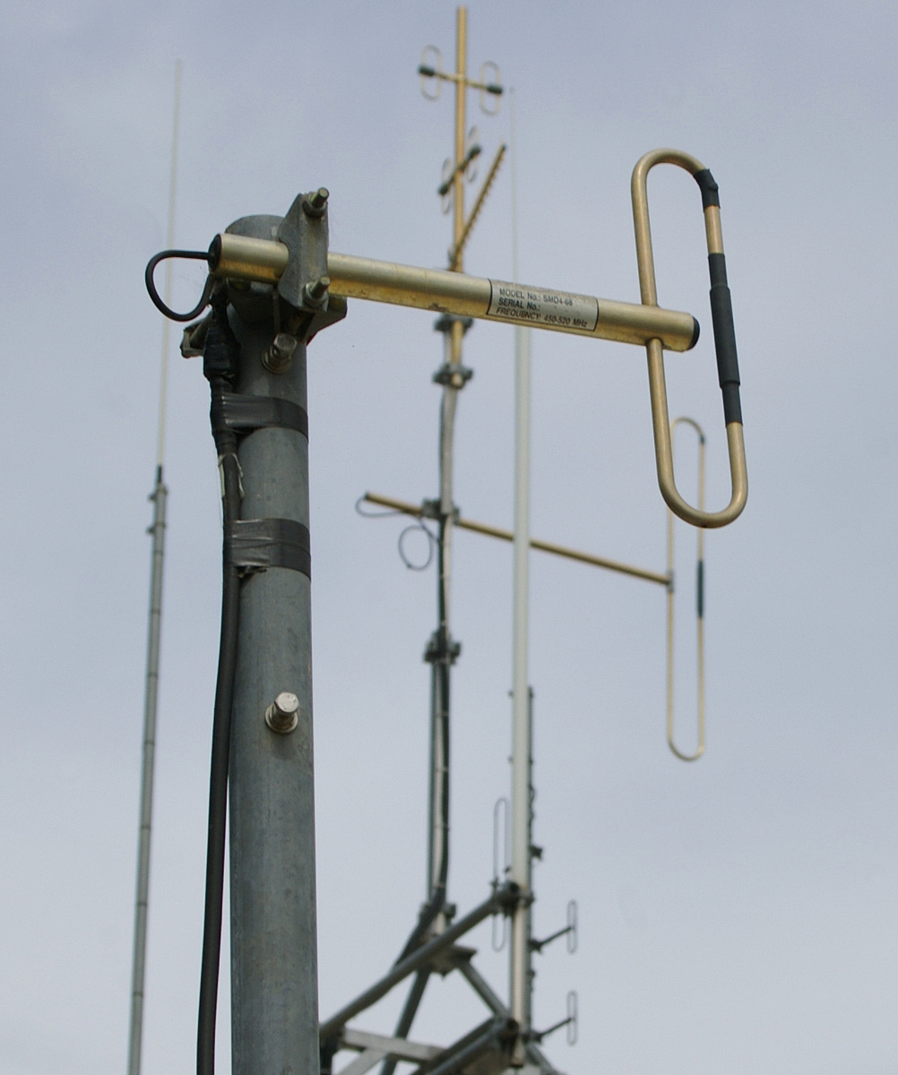 Figure 1 — A folded dipole element (the flattened-loop conductor, model SMD4-68) atop a mast — the shorted two-conductor geometry this volume opens with. Photo: File:Folded dipole.jpg by Bidgee. License: CC B…