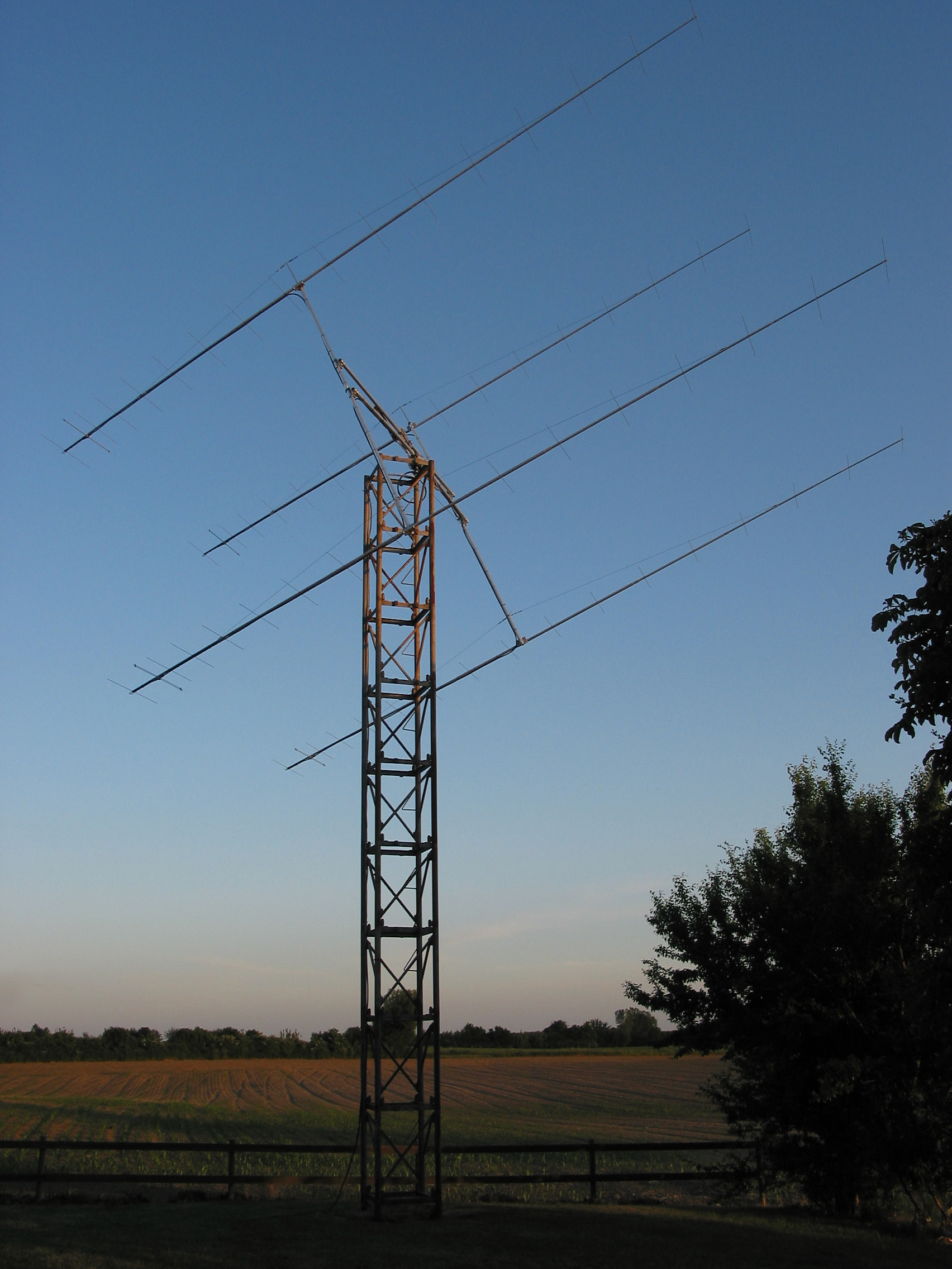 Figure 1 — A stacked array of four 17-element 2 m EME Yagis on a single mast — the kind of long-boom, high-gain structure whose wind load and turning moment, not its gain figure, actually determine what rotat…